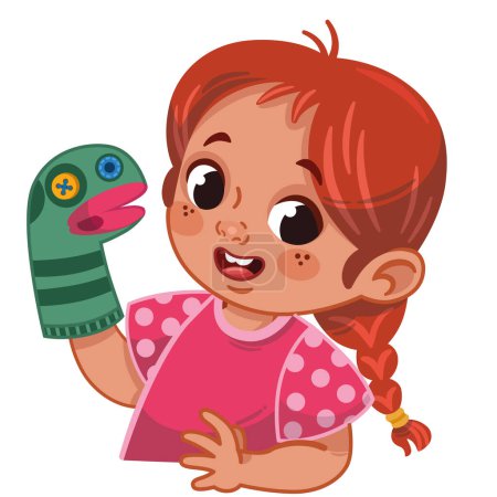 Ilustración de Linda niña jugando con su marioneta. Ilustración vectorial. - Imagen libre de derechos