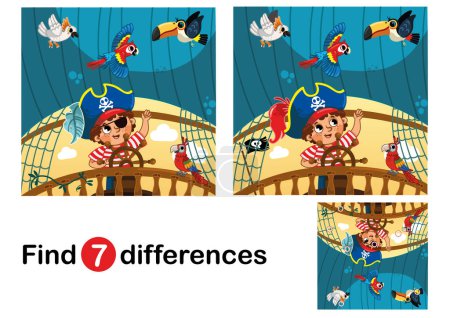 Illustration for Find differences education game for children, pirate boy in the ship. Vector illustration. - Royalty Free Image