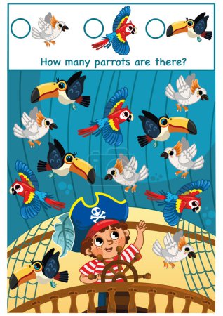 Téléchargez les illustrations : Aide le petit pirate à compter les perroquets. Illustration vectorielle pour enfants. - en licence libre de droit