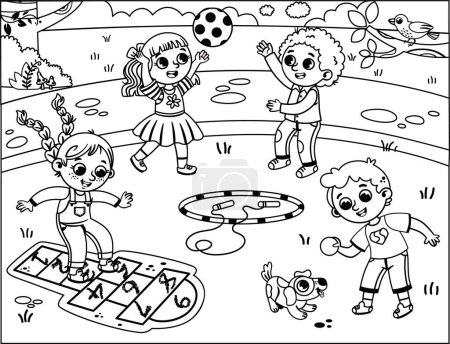 Ilustración de Blanco y negro un vector ilustración de niños felices jugando en el patio de recreo. - Imagen libre de derechos
