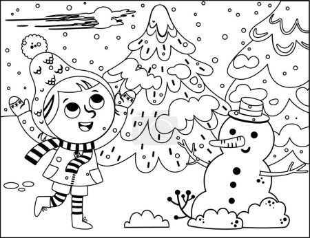 Téléchargez les illustrations : Petite fille s'amusant avec un bonhomme de neige dans la neige en vêtements d'hiver. Coloriage illustration vectorielle. - en licence libre de droit
