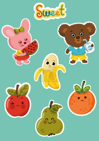 Illustration for Cute animal and fruits sticker set for little children. Vector illustration. - Royalty Free Image