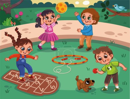 Ilustración de Un vector ilustrativo de niños felices jugando en el patio de recreo
. - Imagen libre de derechos