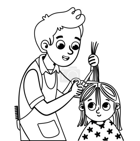 Black and white illustration of little girl getting a haircut at the hairdresser's.