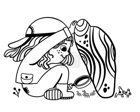 Téléchargez les illustrations : Petite fille examinant des fourmis sous une pierre avec une loupe. Illustration vectorielle noir et blanc. - en licence libre de droit