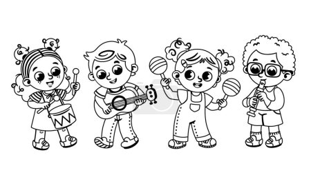 Grupo de música infantil en blanco y negro. Ilustración vectorial.