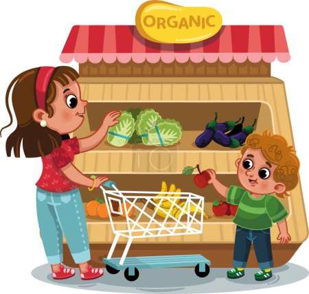 Illustration for Mother and her son buying organic vegetables and fruits. - Royalty Free Image