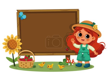 Illustration for A little farmer girl and an empty wooden board on white background. Vector illustration for kids. - Royalty Free Image