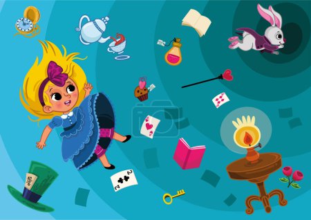 Alice character falls into the rabbit hole. Illustration of an Alice in Wonderland background. Vector illustration.