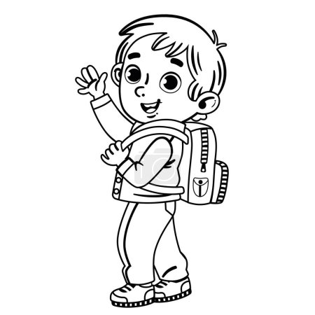 Téléchargez les illustrations : De retour à l'école, un petit garçon avec un sac à dos nous regarde et agite la main et sourit. Illustration vectorielle noir et blanc. - en licence libre de droit