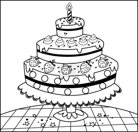 Téléchargez les illustrations : Illustration vectorielle noir et blanc d'un gâteau d'anniversaire. - en licence libre de droit