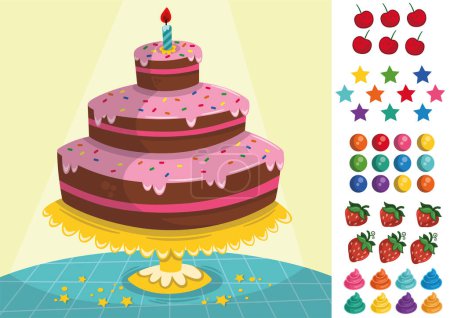 Téléchargez les illustrations : Délicieux gâteau triple couche jeu de décoration pour les enfants. Illustration vectorielle. - en licence libre de droit