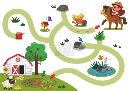Illustration for Educational maze game for preschool children with farm theme. Cartoon Vector illustration. - Royalty Free Image