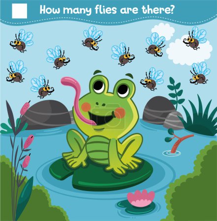 Zählspiel mit Zeichentrickfrosch und Fliegen für Kinder. Wie viele Fliegen gibt es? Zählen Sie die Fliegen. Pädagogische Illustration für Kinder. Vektorillustration.