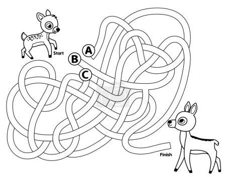 Ilustración de Ayuda al cervatillo a llegar a su madre. Juego de laberinto blanco y negro para niños. Ilustración vectorial. - Imagen libre de derechos