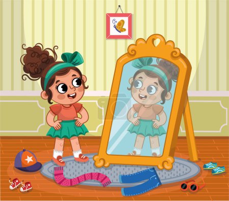 Illustration for Happy child girl try on outfits looking at mirror. Vector illustration. - Royalty Free Image