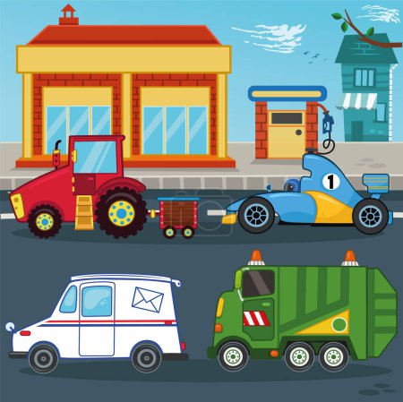 Illustration for A Set Of Cartoon Vehicle Vector Illustrations. Tractor, race car, post car, garbage truck. - Royalty Free Image