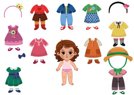 Illustration for Dress up activity page with a little girl and her outfit set. Vector illustration for kids. - Royalty Free Image