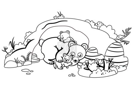 Illustration for Black and white vector illustration of bear family hibernating in their cave. - Royalty Free Image