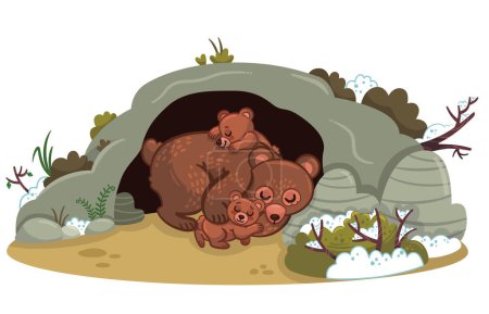 Illustration for Vector illustration of bear family hibernating in their cave. - Royalty Free Image