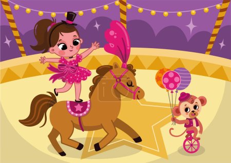 Circus performance with a cute girl and a horse. Vector cartoon character.