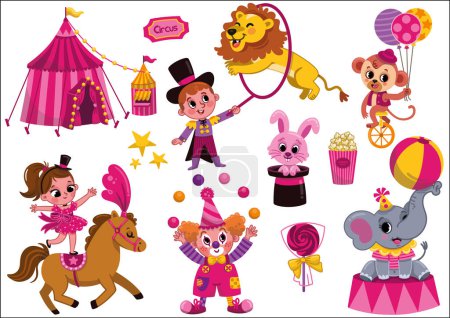 Illustration for Fun pink circus vector illustration set for kids. - Royalty Free Image