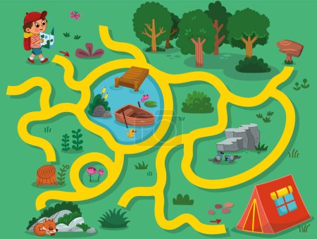 Pouvez-vous aider le garçon dans la forêt à atteindre la tente du camp ? Activité de dessin et jeu de labyrinthe pour les enfants. Illustration vectorielle.