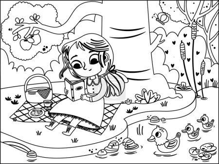 Ilustración de Ilustración en blanco y negro de una niña haciendo un picnic en la naturaleza y leyendo un libro. Actividad de pintura para niños. - Imagen libre de derechos