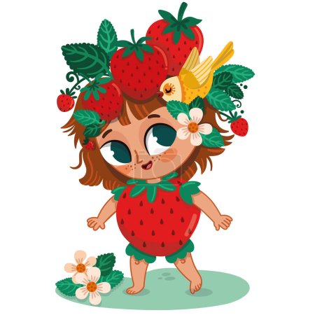 Téléchargez les illustrations : Illustration vectorielle de petite fille en costume de fraise. - en licence libre de droit