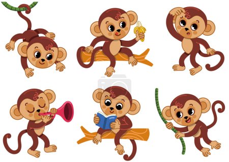Illustration for Cartoon monkey character page with different poses. Vector illustration. - Royalty Free Image