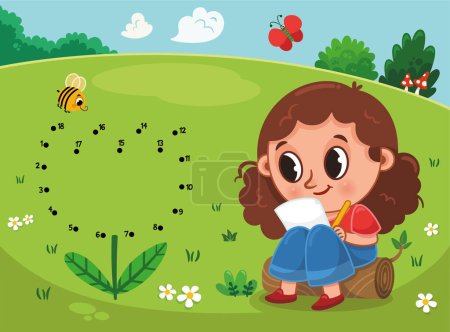 Illustration for Connect dots by numbers. Children educational game. Meadow theme with a cute girl. Dot to dot colorful worksheet for toddlers and preschool years kids. - Royalty Free Image