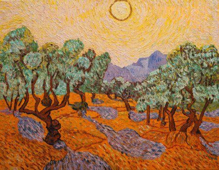 Olive Trees. Beautiful oil painting on canvas. Based on the great painting by Van Gogh . Brush strokes and canvas textures.