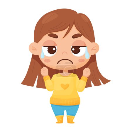 Emotion. Crying girl with tears in cartoon style