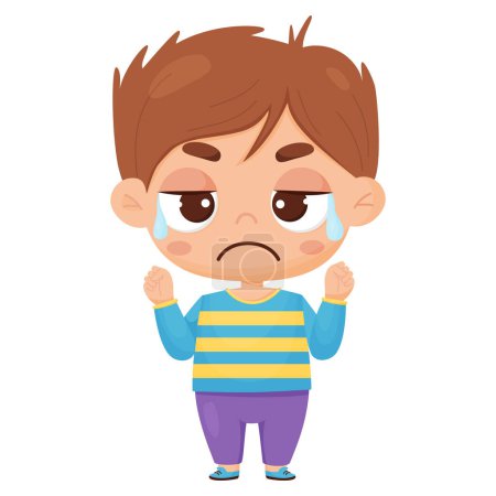 Crying boy with tears. Male character emotion. Vector illustration in cartoon styl