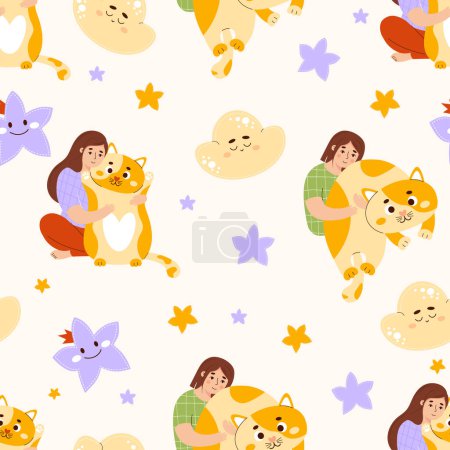 Foto de Seamless pattern with girls with large plush toy pillow cat on light background with clouds and stars. - Imagen libre de derechos