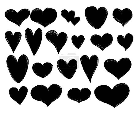 Herzen. Sammlung schwarzer Texturkreide-Handzeichnungen. Vektorillustration. Isolierte Kritzelkritzeleien für Design