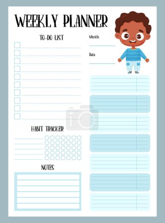 Illustration for Weekly boy planner. Organizer, to-do list, notes and habit tracker with cute cartoon black ethnic boy. Vector vertical template for print, design, kids collection, stationery with cartoon character - Royalty Free Image