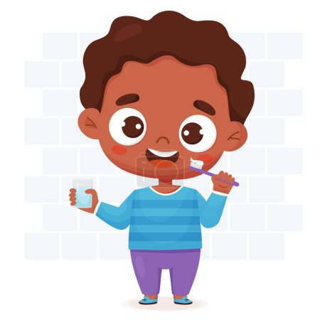 Illustration for Cute dark-skinned boy brushes her teeth. Concept of hygiene, personal care and beauty. Vector illustration in cartoon style for design, decor, print and kids collection, postcards. - Royalty Free Image