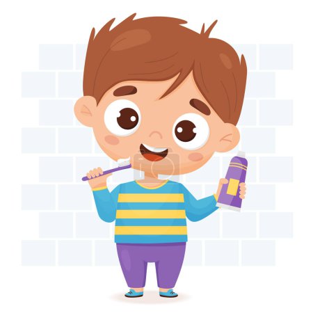 Illustration for Cute boy brushes her teeth. Concept of hygiene, personal care and beauty. Vector illustration in cartoon style for design, decor, print and kids collection, postcards. - Royalty Free Image