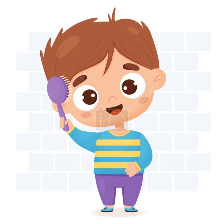 Illustration for Cute baby boy combing her hair with comb. Care and beauty concept. Vector illustration in cartoon style for design, decor, print and kids collection, postcards. - Royalty Free Image