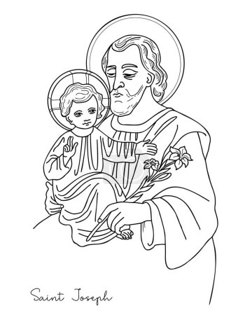 Illustration for Icon Saint Joseph the Betrothed with divine Child, Jesus Christ and blooming lily. Vector illustration. Hand drawn. outline doodle for design and decoration of religious themes - Royalty Free Image