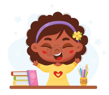 Illustration for Joyful cute black ethnic girl schoolgirl at table with textbooks and pencils. Lesson, learning process. Vector illustration in cartoon style. Female character for design school, educational themes - Royalty Free Image