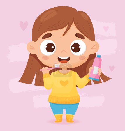 Illustration for Cute girl brushes her teeth. Concept of hygiene, personal care and beauty. Vector illustration in cartoon style for design, decor, print and kids collection, postcards and covers - Royalty Free Image