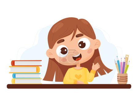 Illustration for Joyful cute girl schoolgirl sits at table with textbooks and pencils. Lesson, learning process. Vector illustration in cartoon style. Female student character for design of school, educational themes - Royalty Free Image