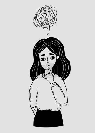 Illustration for Portrait of thinking person. Thoughtful girl, confused thoughts and problems. Vector illustration. linear hand drawn doodle. Psychological problem solving concept and sad woman - Royalty Free Image