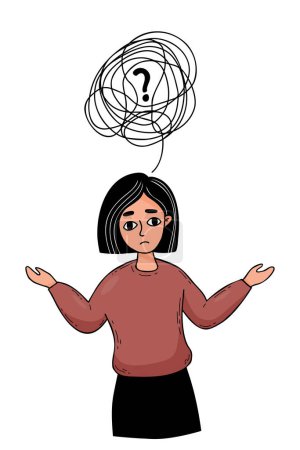 Portrait of thinking person. Thoughtful confused girl, confused thoughts and tangled tangle with question mark. Vector illustration. color doodle. Psychological problem solving concept and sad woman