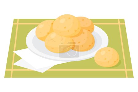 Pan de queso brasileño. Aperitivos populares y comida de desayuno. Receta tradicional brasileña. Pan pequeño o de queso - Pao de queijo. Ilustración vectorial del plato nacional latinoamericano 