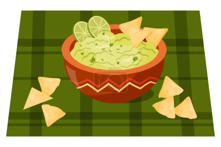 Téléchargez les illustrations : Guacamole. Nourriture mexicaine traditionnelle - guacamole sauce aux nachos et tranches de lime. Illustration vectorielle. Plat national latino-américain coloré dans un style plat - en licence libre de droit