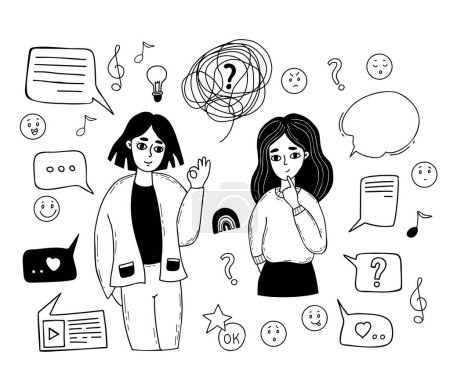 Thoughtful cute girl and woman with ok gesture, emotions, text bubbles, messages and thoughts. Isolated vector linear hand drawn doodle. Online communication concept, psychology and modern woman