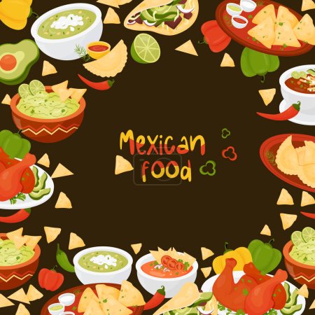 Plakat traditionelles mexikanisches Essen. Lateinamerikanische Gerichte Quesadilla, Tacos, Guacamole mit Nachos, grüne Suppe und Tomatensuppe, Empanadas, mexikanisches Achiote-Huhn auf schwarzem Hintergrund. Vektorillustration
